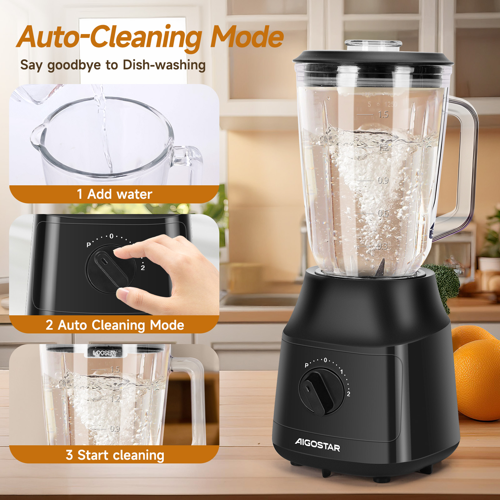 Ein schwarzer Mixer mit Wasser, neben Anweisungen zum Reinigungsmodus.
