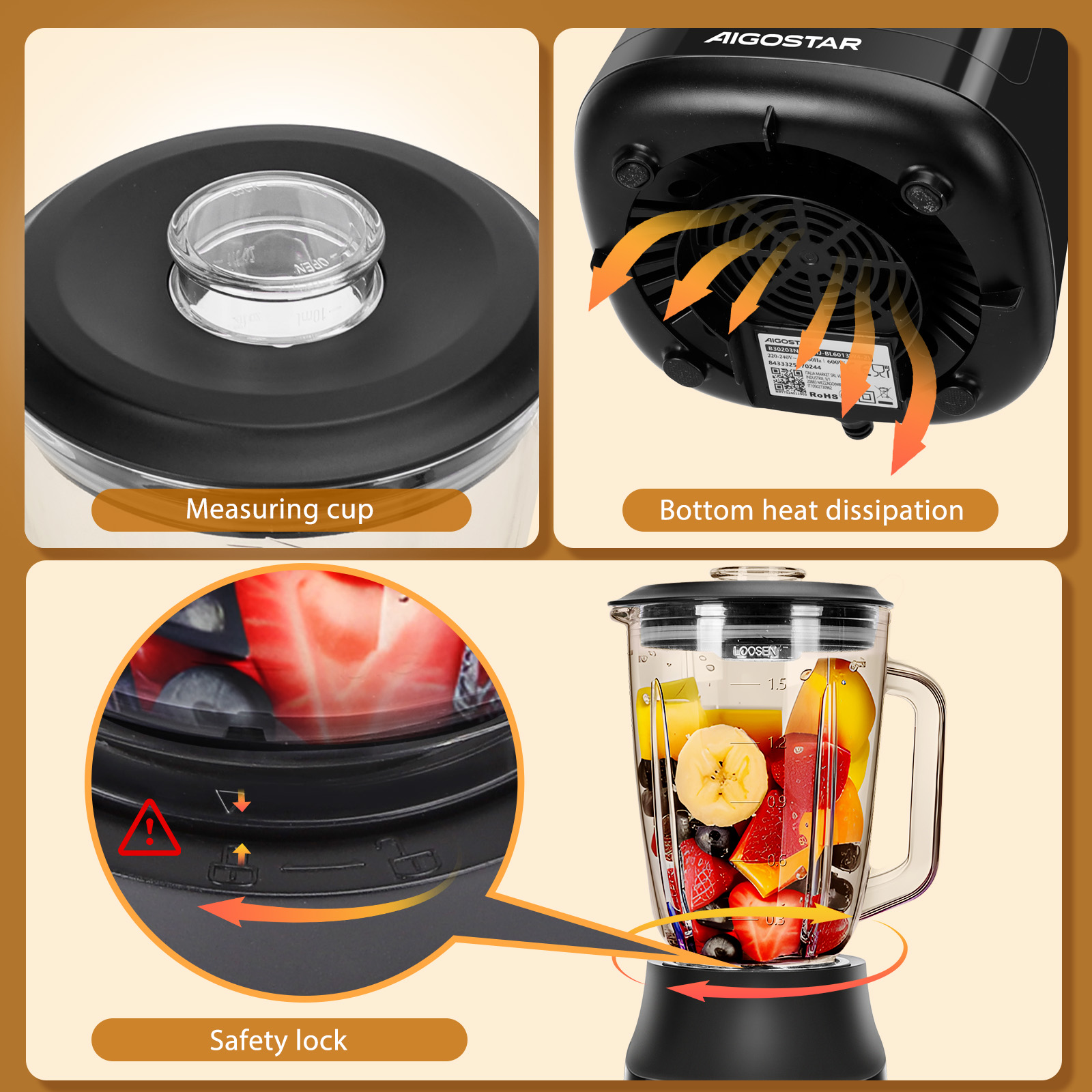 Mixer mit Teilen: Deckel, Messbecher, Sicherheitsverriegelung und gefülltes Glas. Schwarze Basis.