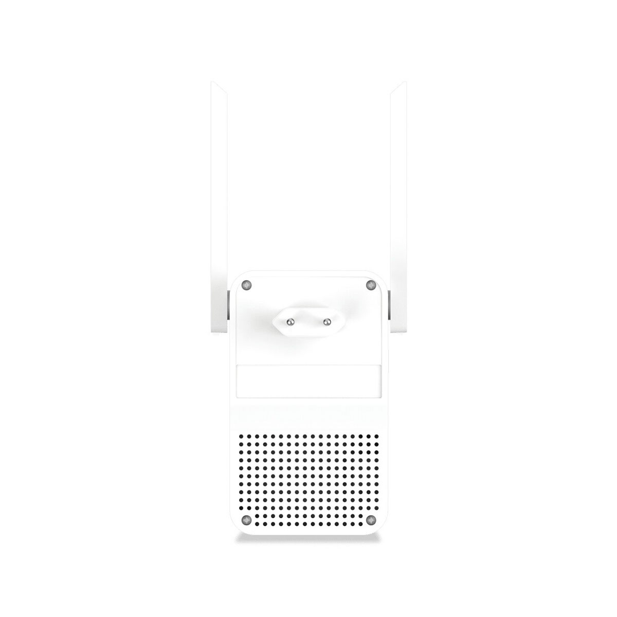 Biały wzmacniacz Wi-Fi z dwiema antenami i wtyczką. Przód ma siatkę małych otworów wentylacyjnych.