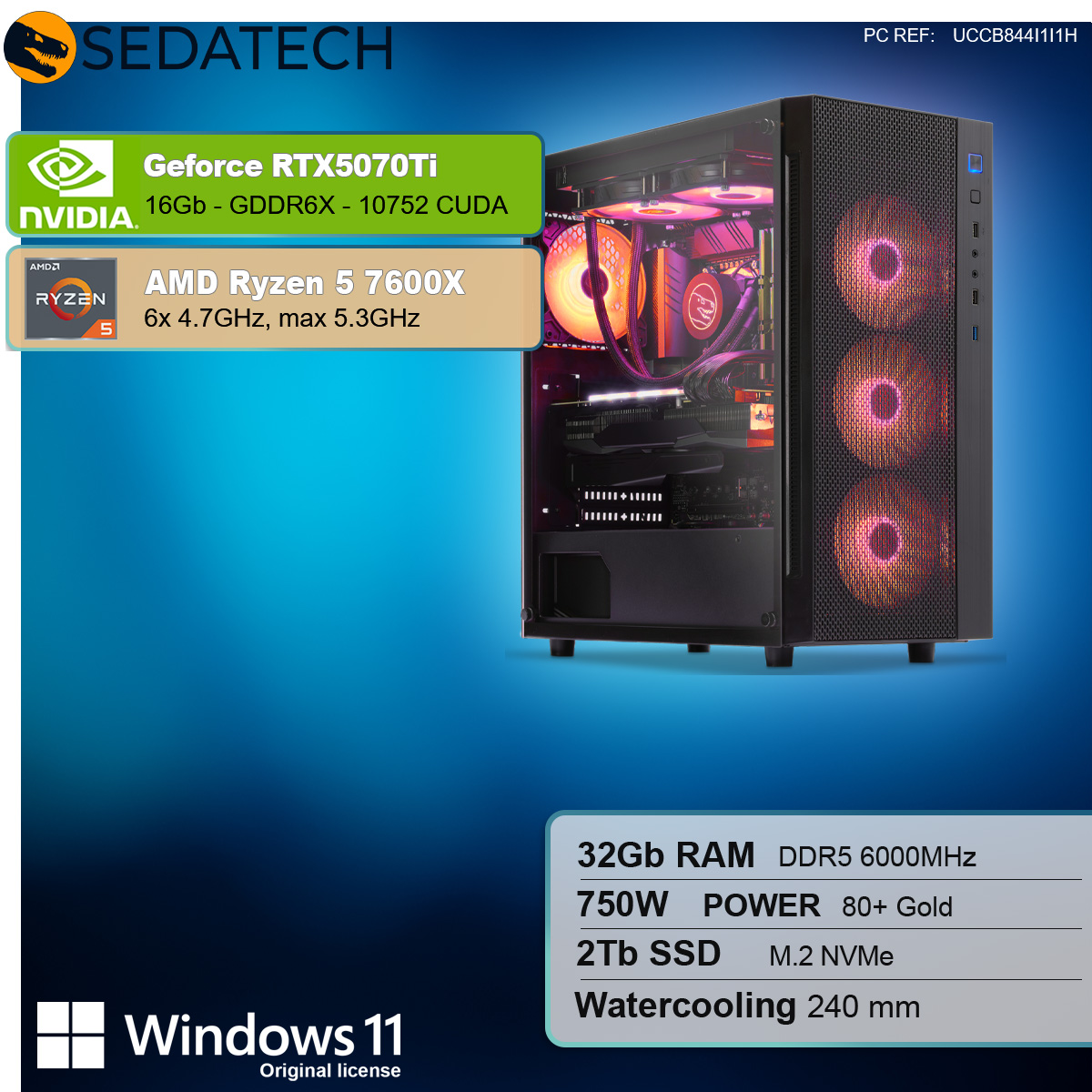 Computer desktop con pannello laterale in vetro. Mostra le specifiche della scheda grafica e della CPU. Logo Windows 11.
