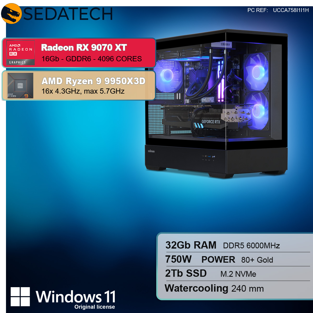 Schwarzes Computergehäuse mit Komponenten. Text beschreibt AMD Radeon RX 9070 XT und AMD Ryzen 9 Prozessor.