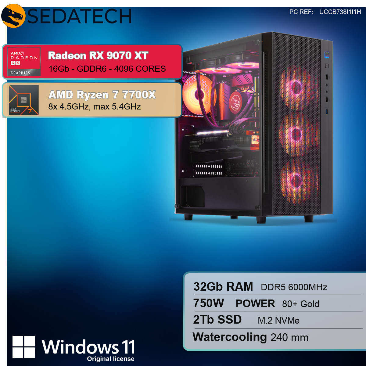 Un case per computer nero con vista laterale che mostra i componenti interni e testo.