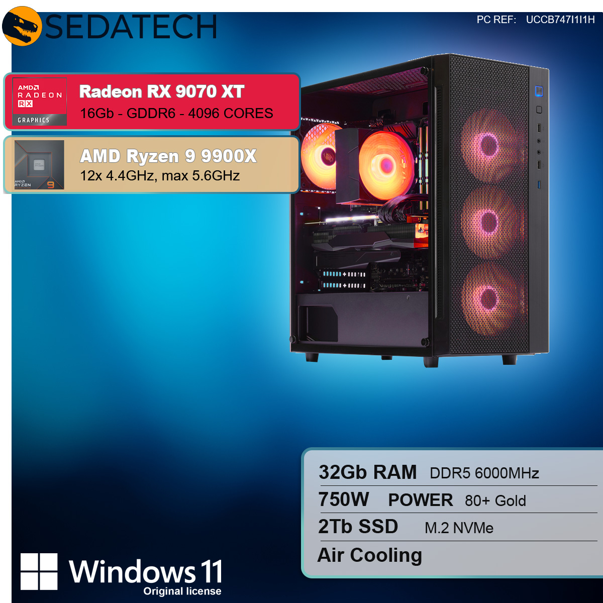 Wieża komputera z komponentami, pokazująca specyfikacje: Ryzen 9 9900X, Radeon RX 9070 XT, 32 GB RAM, 2 TB SSD.