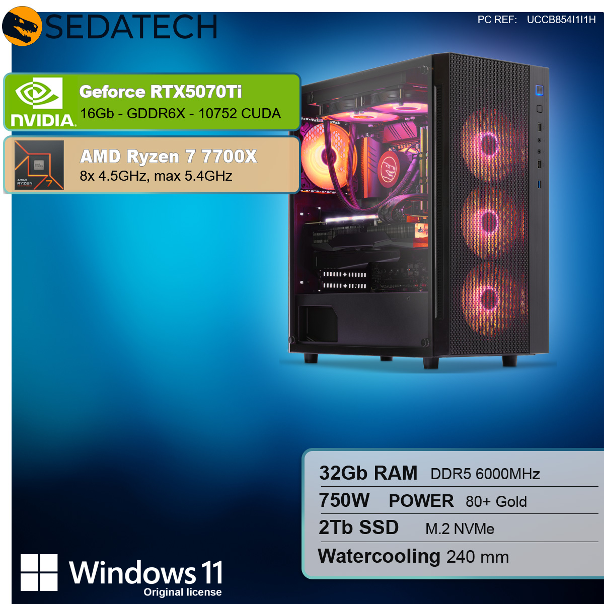 Case nero per computer con componenti interni illuminati. Specifiche: scheda grafica, CPU, RAM, SSD, Windows 11.
