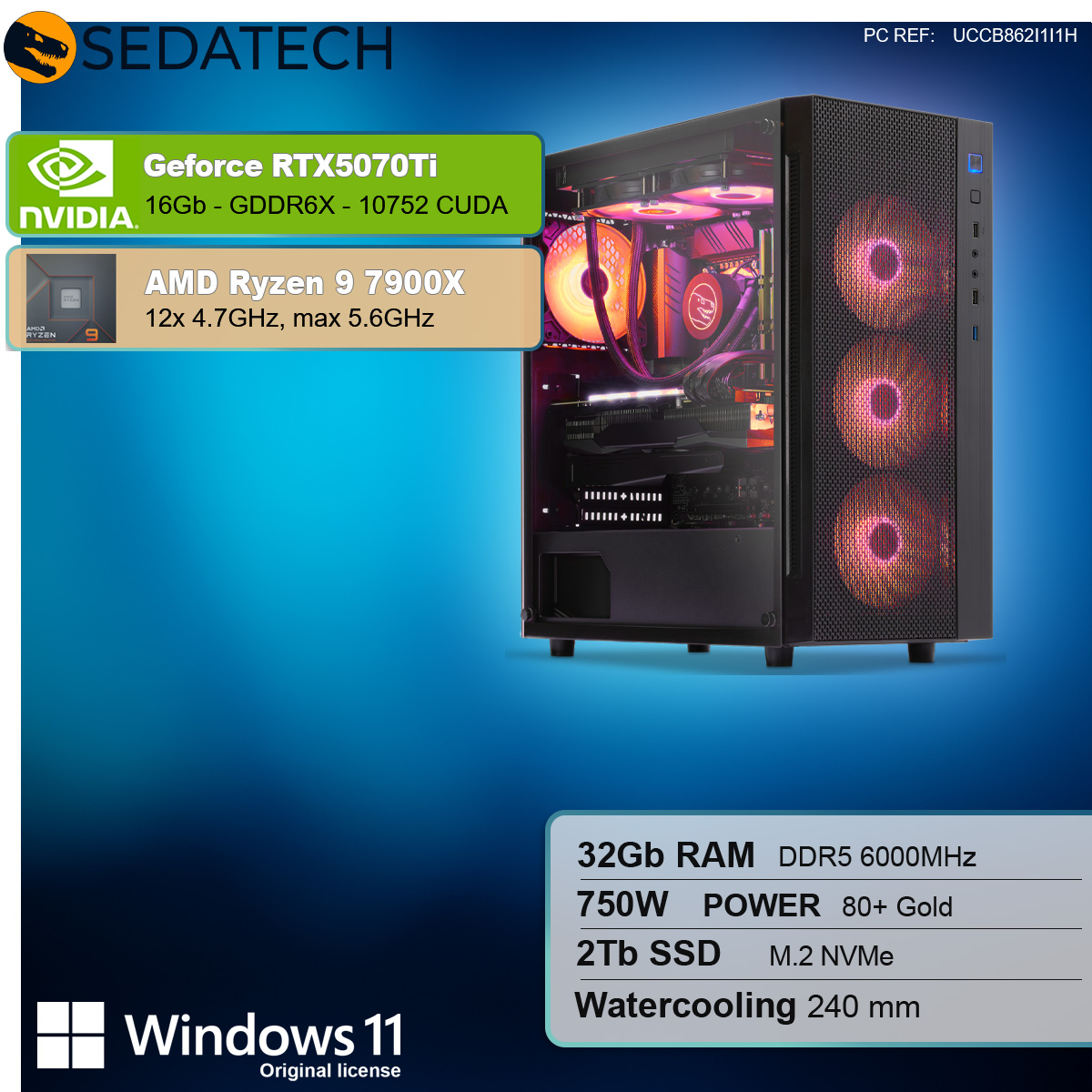 Ein Computerturm mit Lichtern, Grafikkarteninformationen und einem Windows 11 Logo. Text: RTX 5070Ti, AMD Ryzen 9.