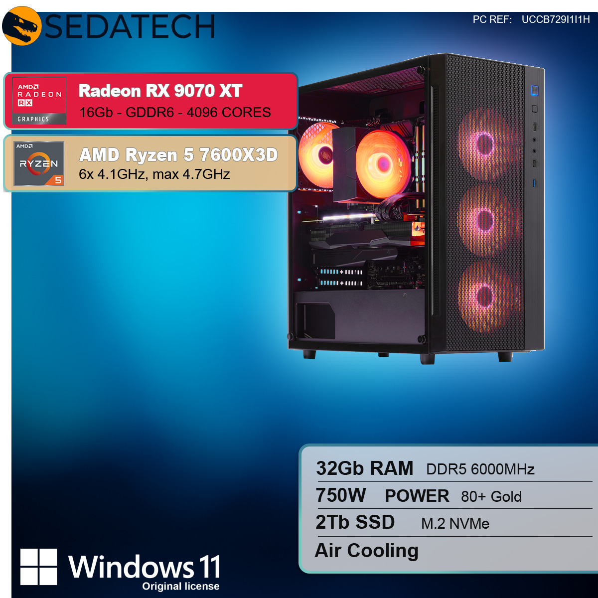 Annuncio di componenti per computer: CPU, GPU, RAM, SSD. Testo e immagini su sfondo blu.