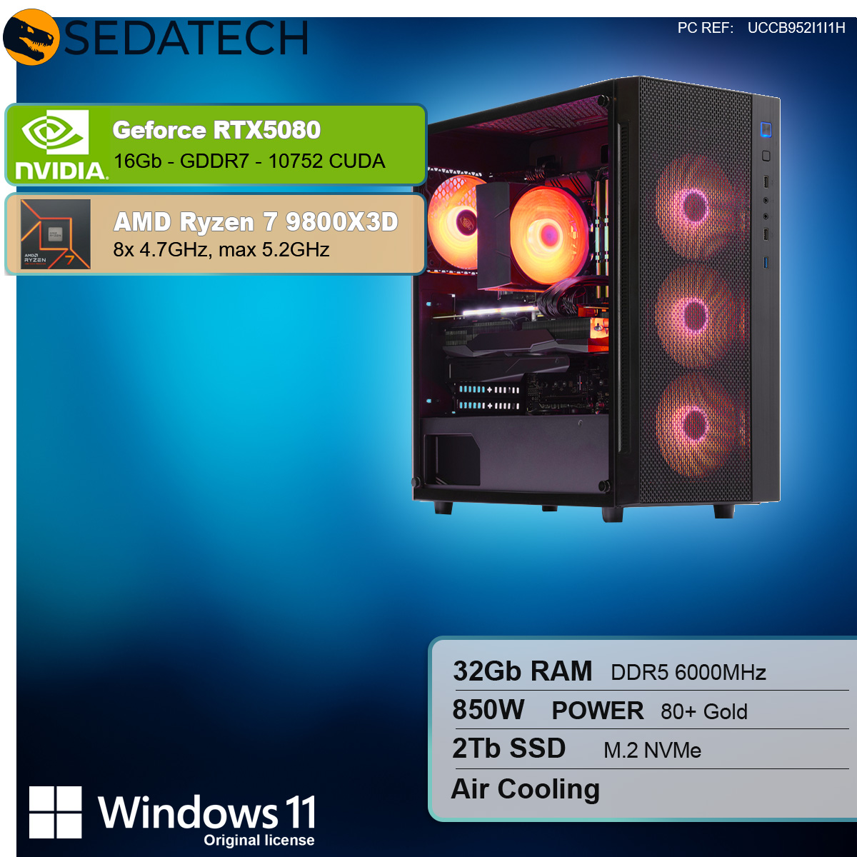 Componenti del computer all'interno di un case nero, con testo sulle specifiche. Logo di Windows 11.