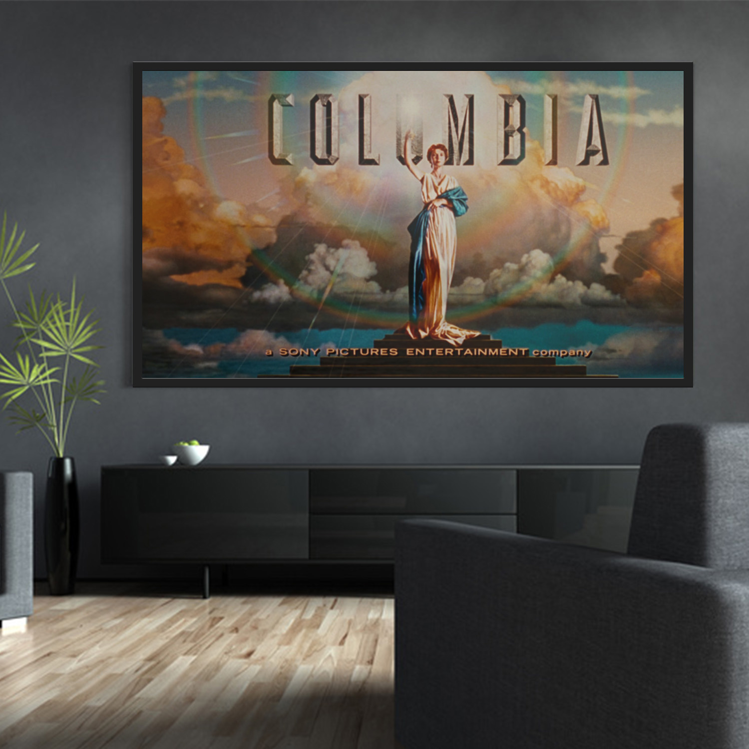 Columbia Pictures poster in een donkere kamer, met een plant.