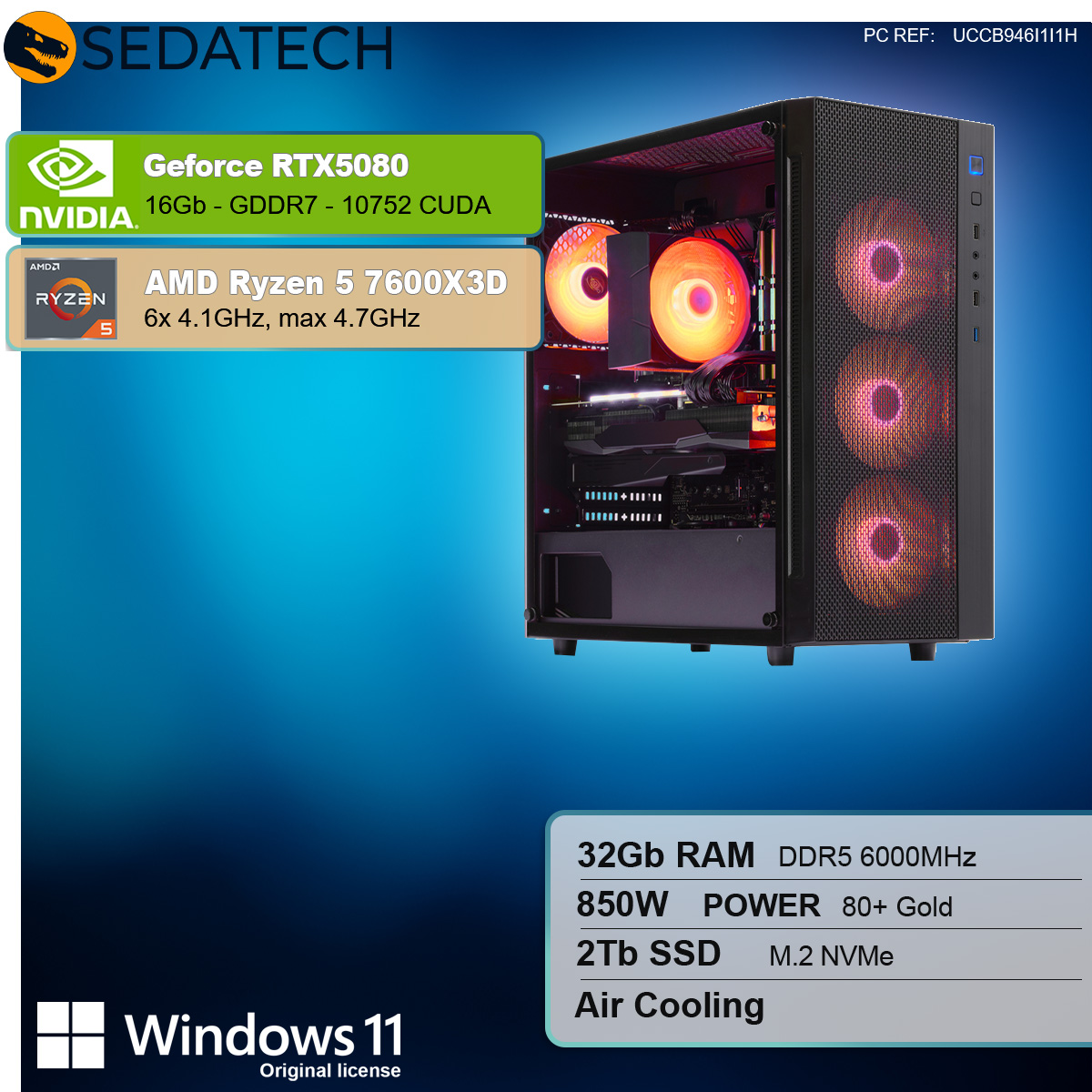 Case computer con componenti dettagliati. GeForce RTX 5080, AMD Ryzen 5 7600X3D. 32GB RAM, 2TB SSD.