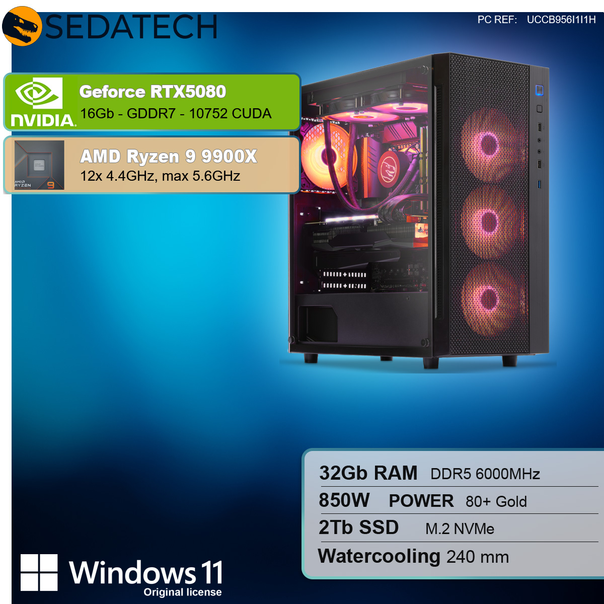 PC-Setup mit Spezifikationen, einschließlich NVIDIA GeForce RTX5080, AMD Ryzen 9 9900X und 32 GB RAM, Windows 11.