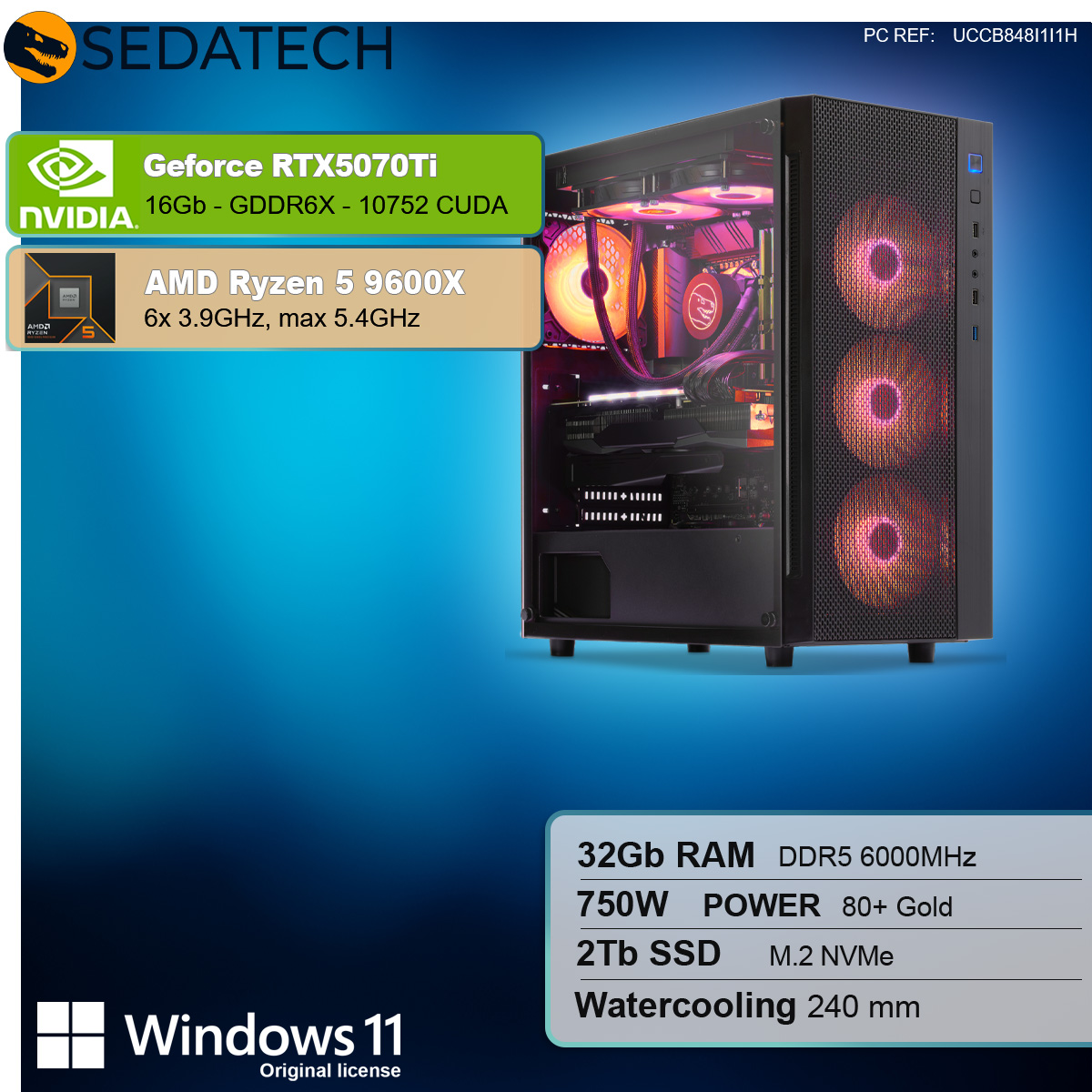 PC da gioco con descrizione componenti. Case nero, watercooling, e luci multiple.