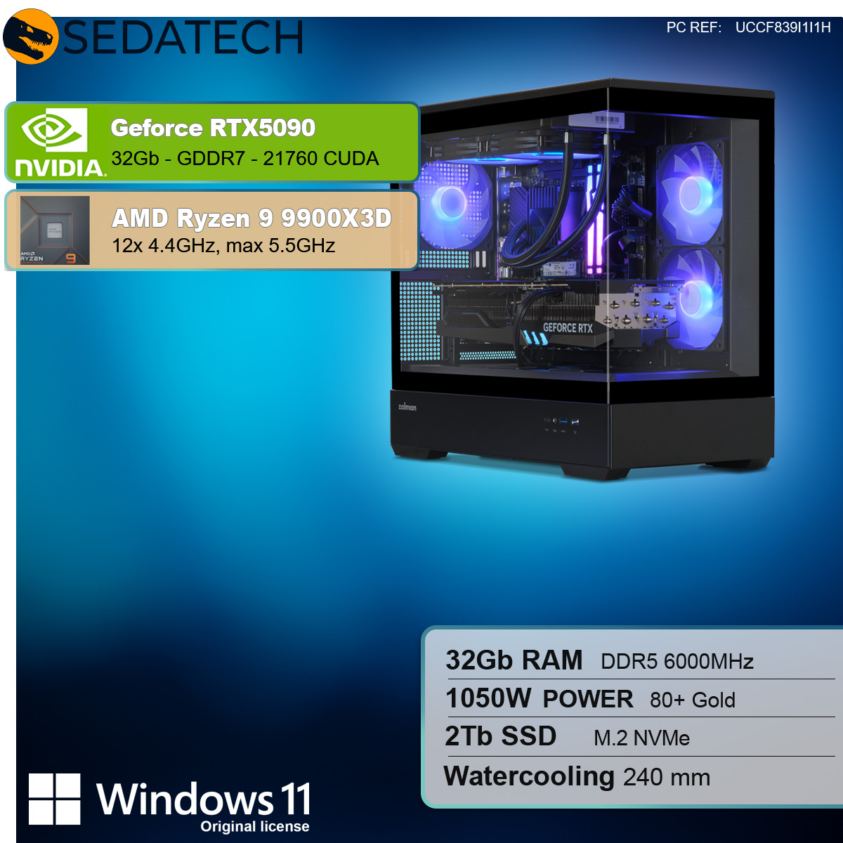 PC mit Komponenten, Nvidia GeForce RTX5090, AMD Ryzen 9 9900X3D, 32GB RAM, auf weißem Hintergrund.