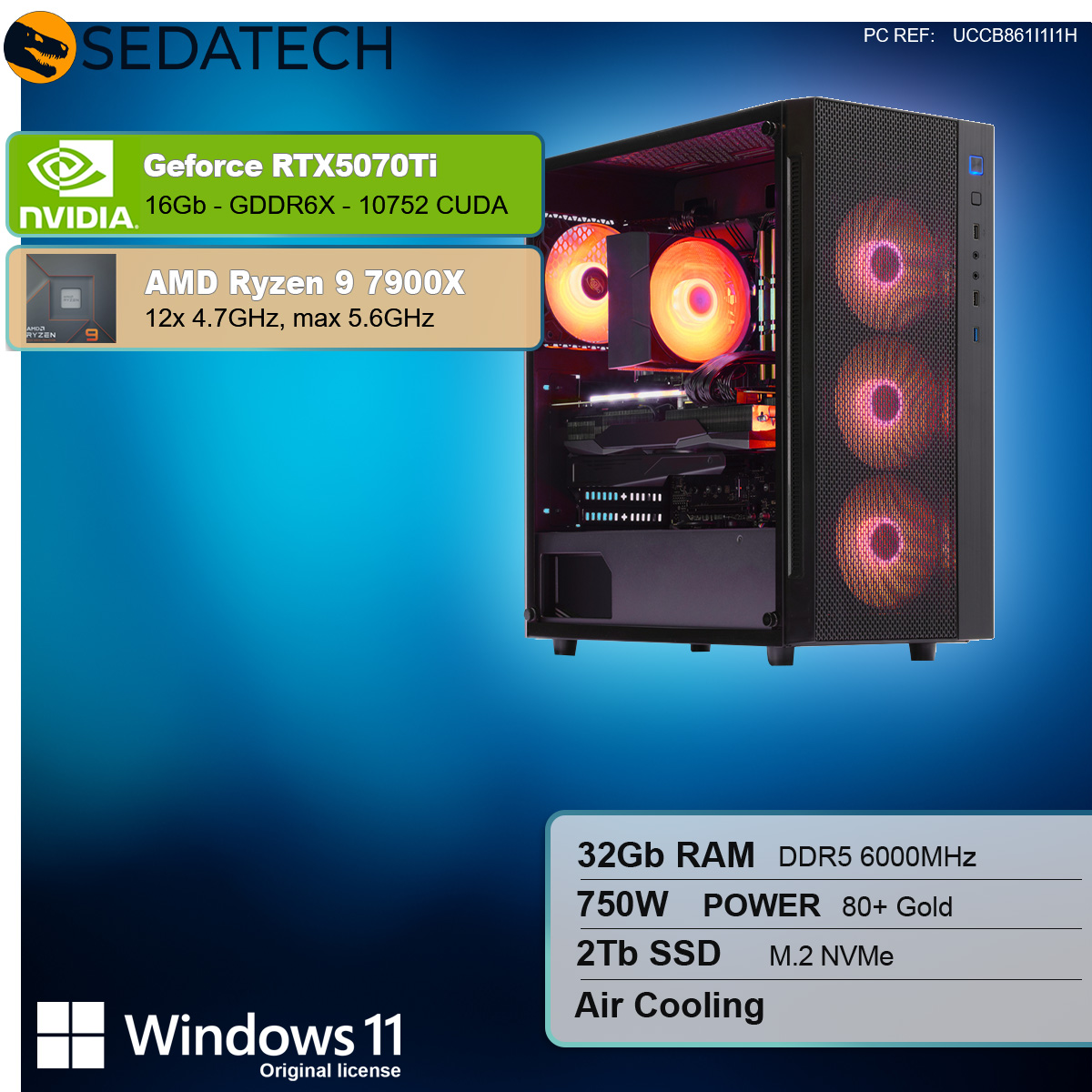 Case per computer nero con ventole colorate. Specifiche: GeForce RTX5070Ti, AMD Ryzen 9 7900X, 32GB RAM, 2TB SSD.