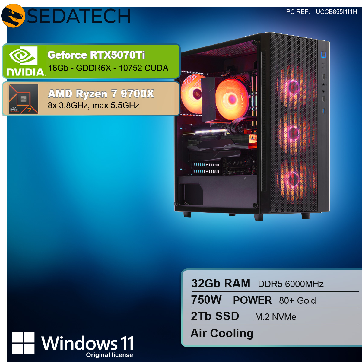 Case per computer nero con componenti e testo sovrapposto. Nvidia, AMD.