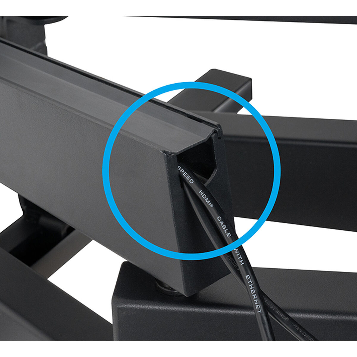 Nahaufnahme eines schwarzen Monitorarms, ein Kabel geht durch den Arm. Ein blauer Kreis markiert das Kabel.