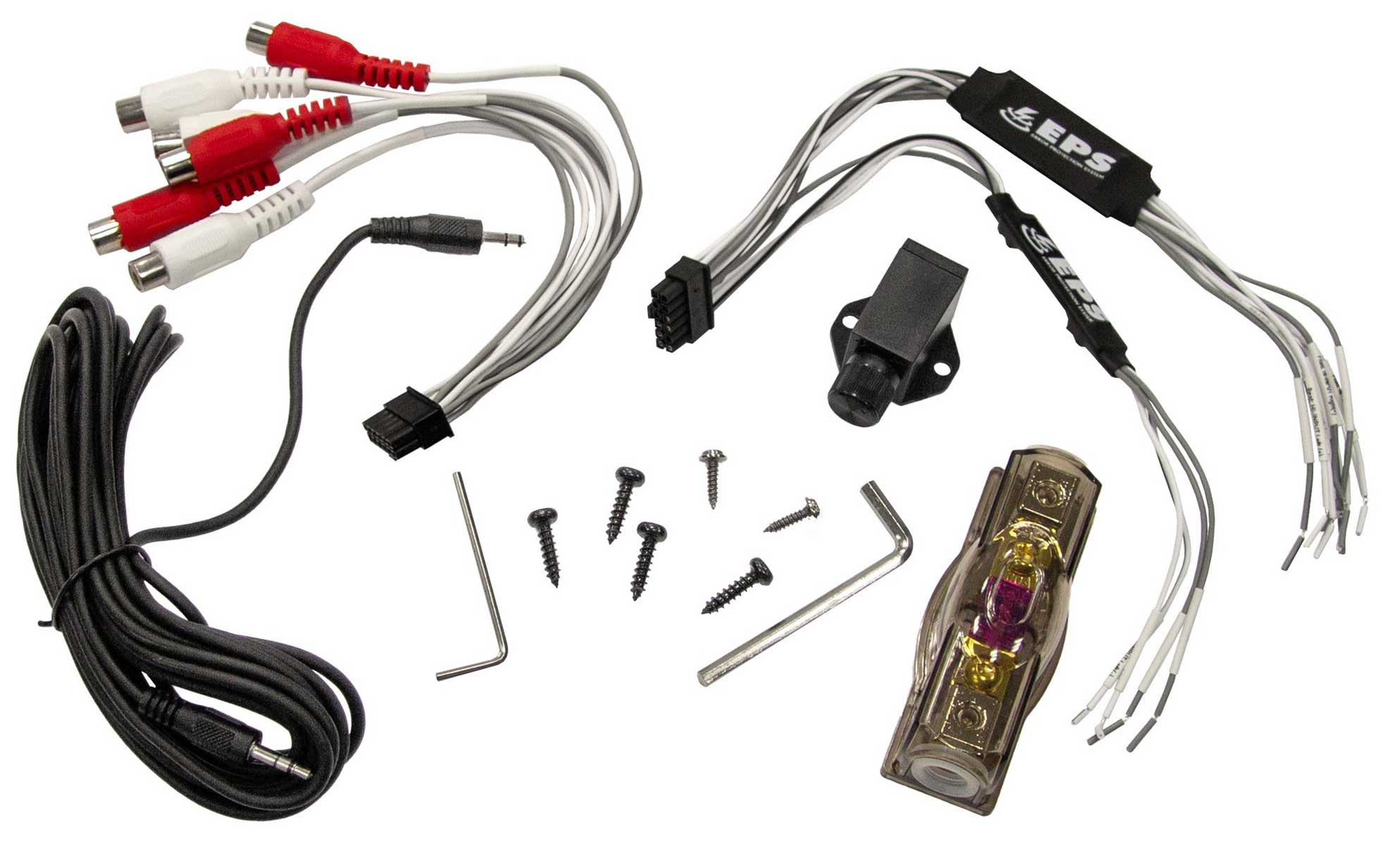 Verschiedene Audiokabel und Anschlüsse: Cinch, Strom und verschiedene Komponenten für Auto-Audio.
