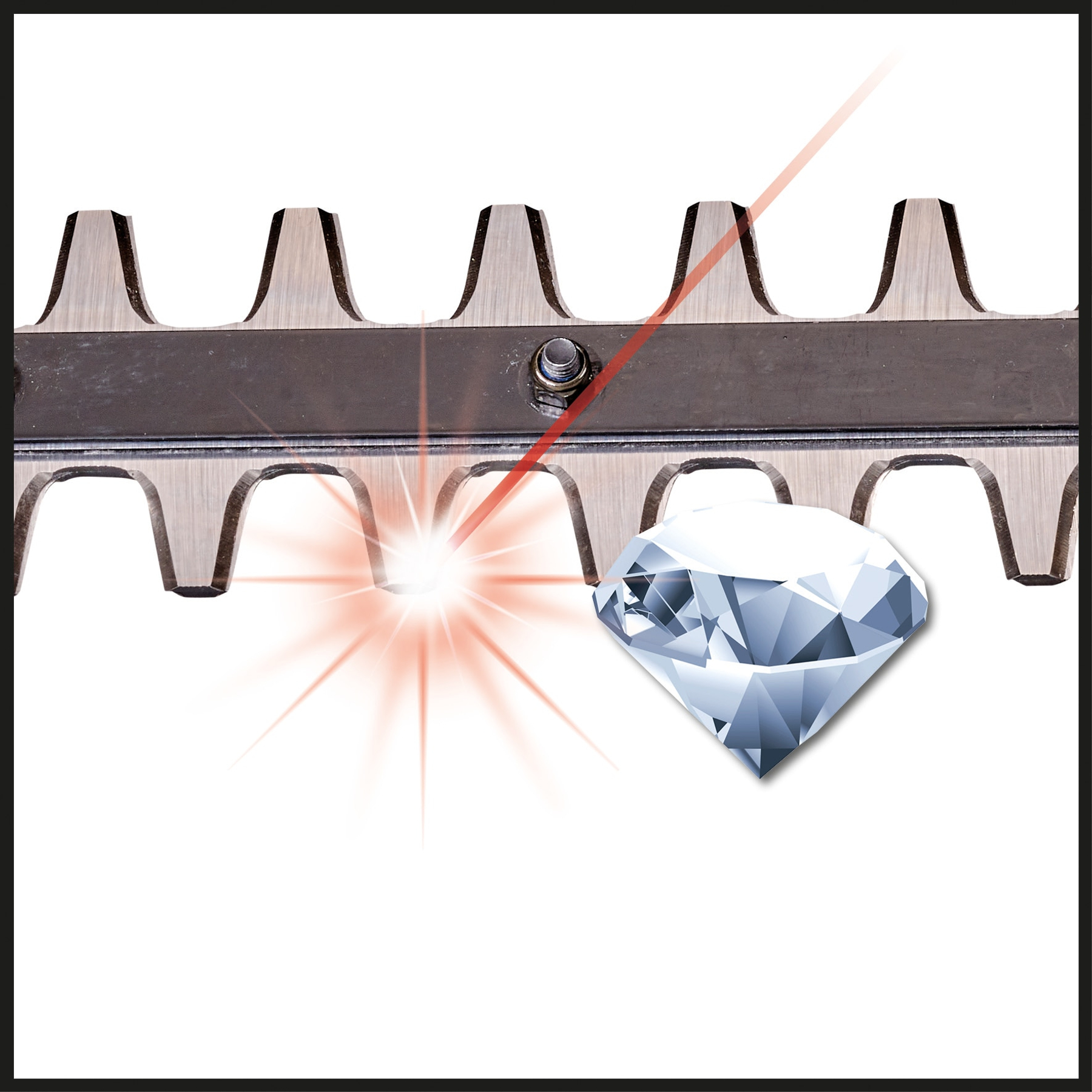 Cuchillas de cortacésped inspeccionadas con una ilustración de diamante y luz roja.