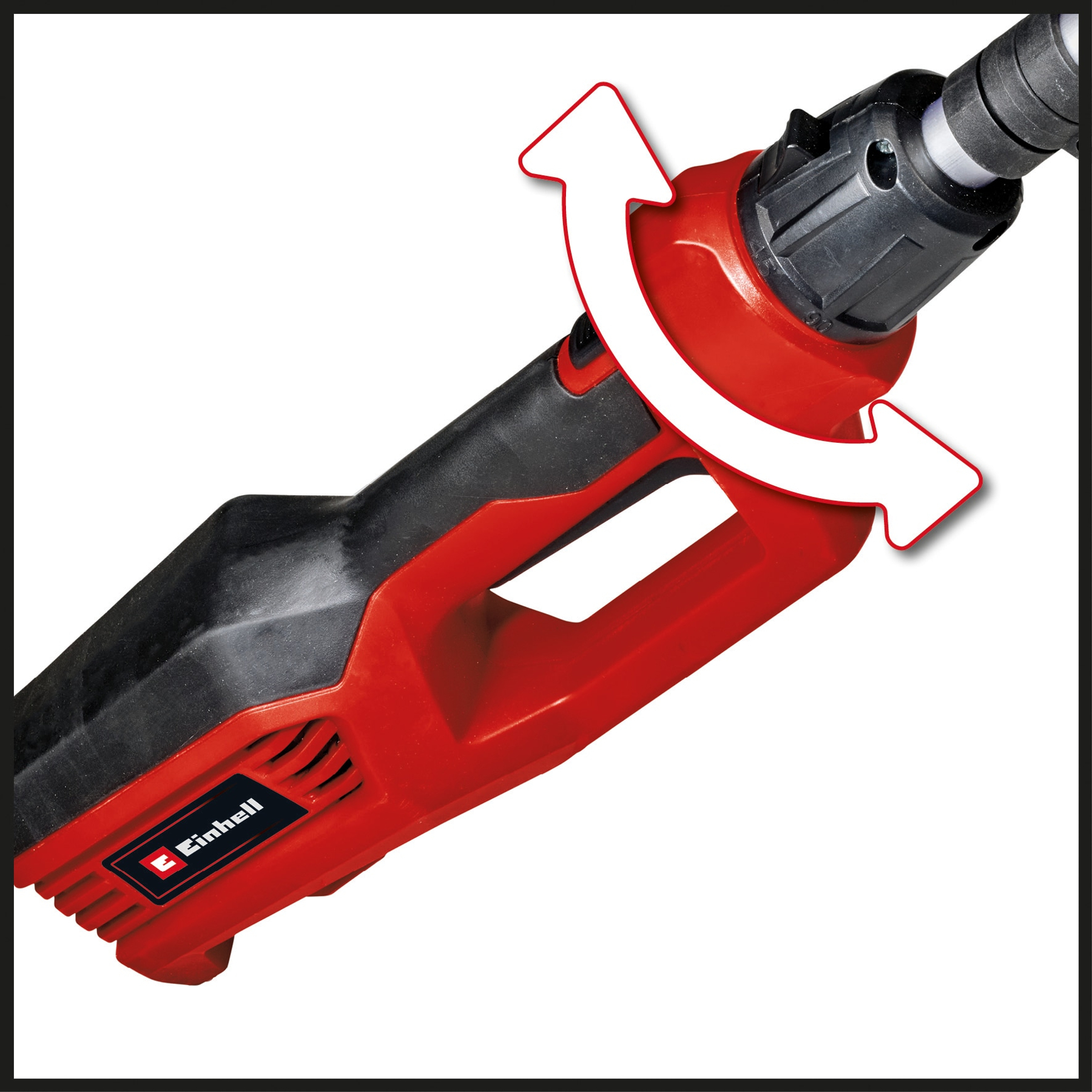 Una herramienta eléctrica Einhell roja y negra con una flecha blanca que indica la dirección de rotación.
