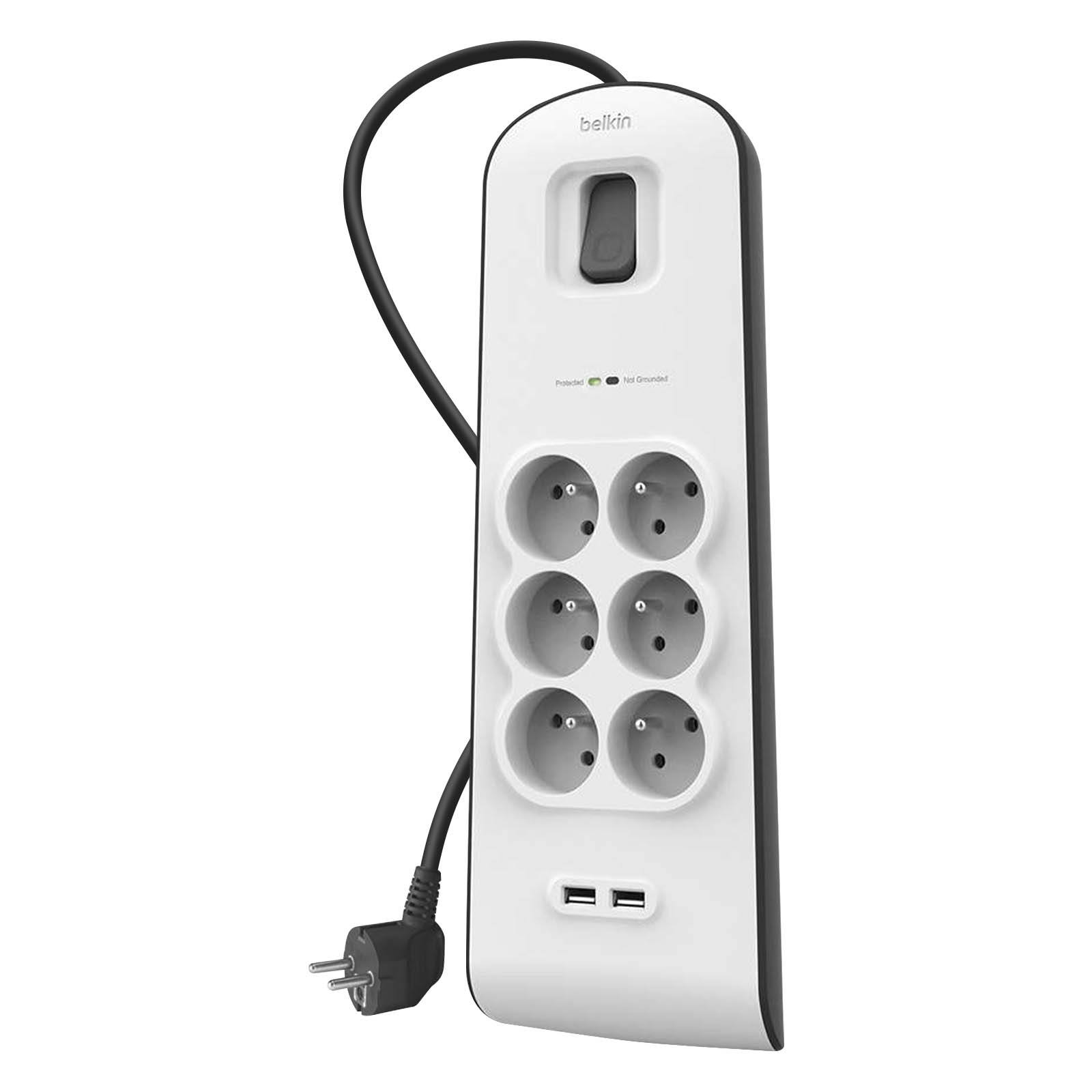 Weiß-schwarze Steckdosenleiste mit sechs Steckdosen, Netzschalter und zwei USB-Anschlüssen.