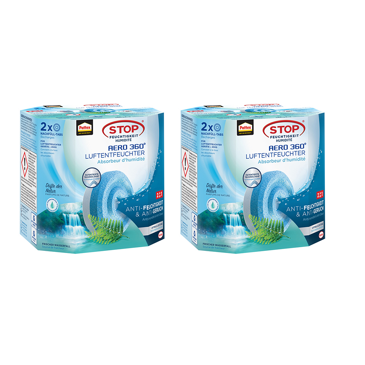 Due scatole di essiccante con nucleo blu e testo Stop Luftentfeuchter.