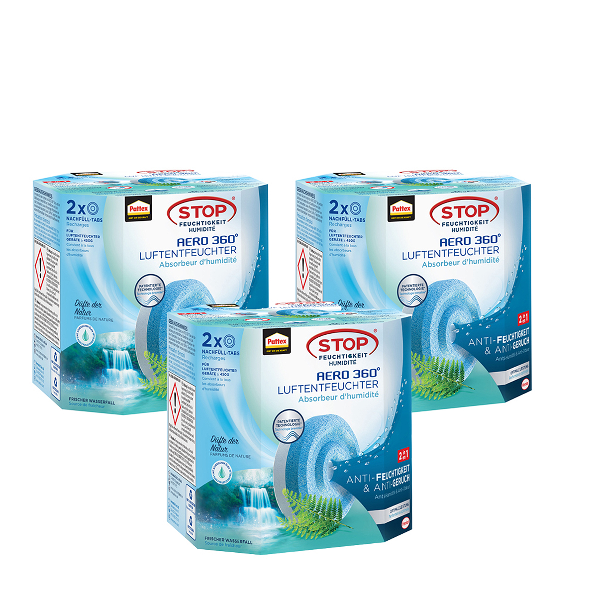 Tre scatole di essiccante. Le scatole hanno un design blu e bianco, con un'immagine di cascata.