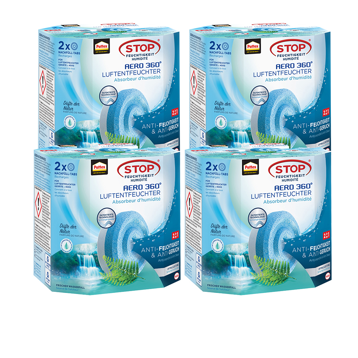 Quattro scatole di ricariche per deodoranti per ambienti. Ogni scatola ha il nome del prodotto e un deodorante blu.