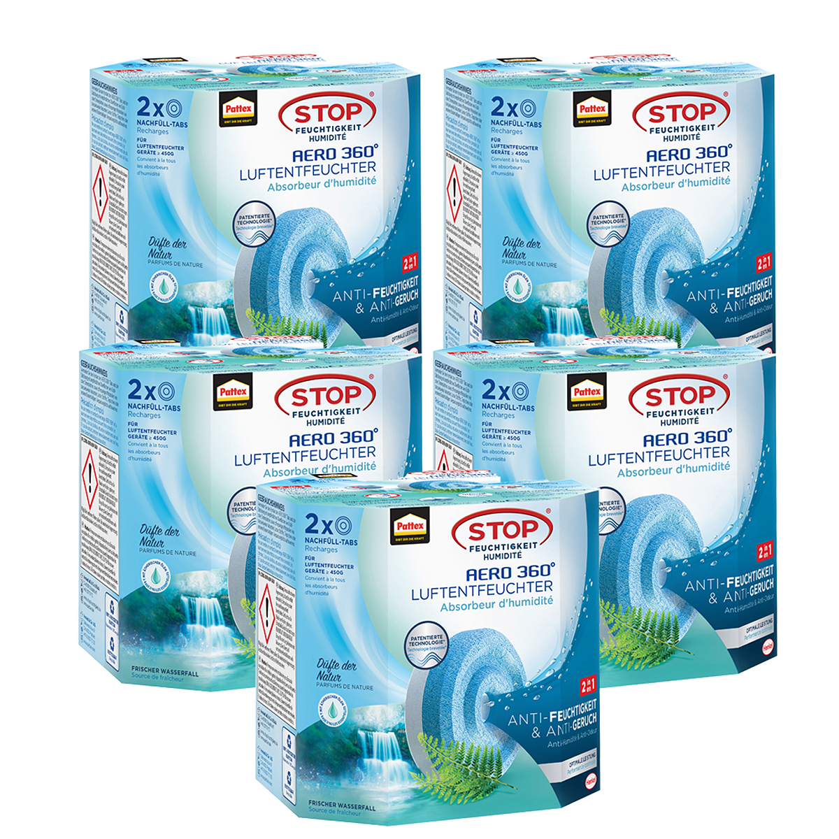 Cinque scatole di essiccante con nucleo blu e testo Stop Luftentfeuchter.