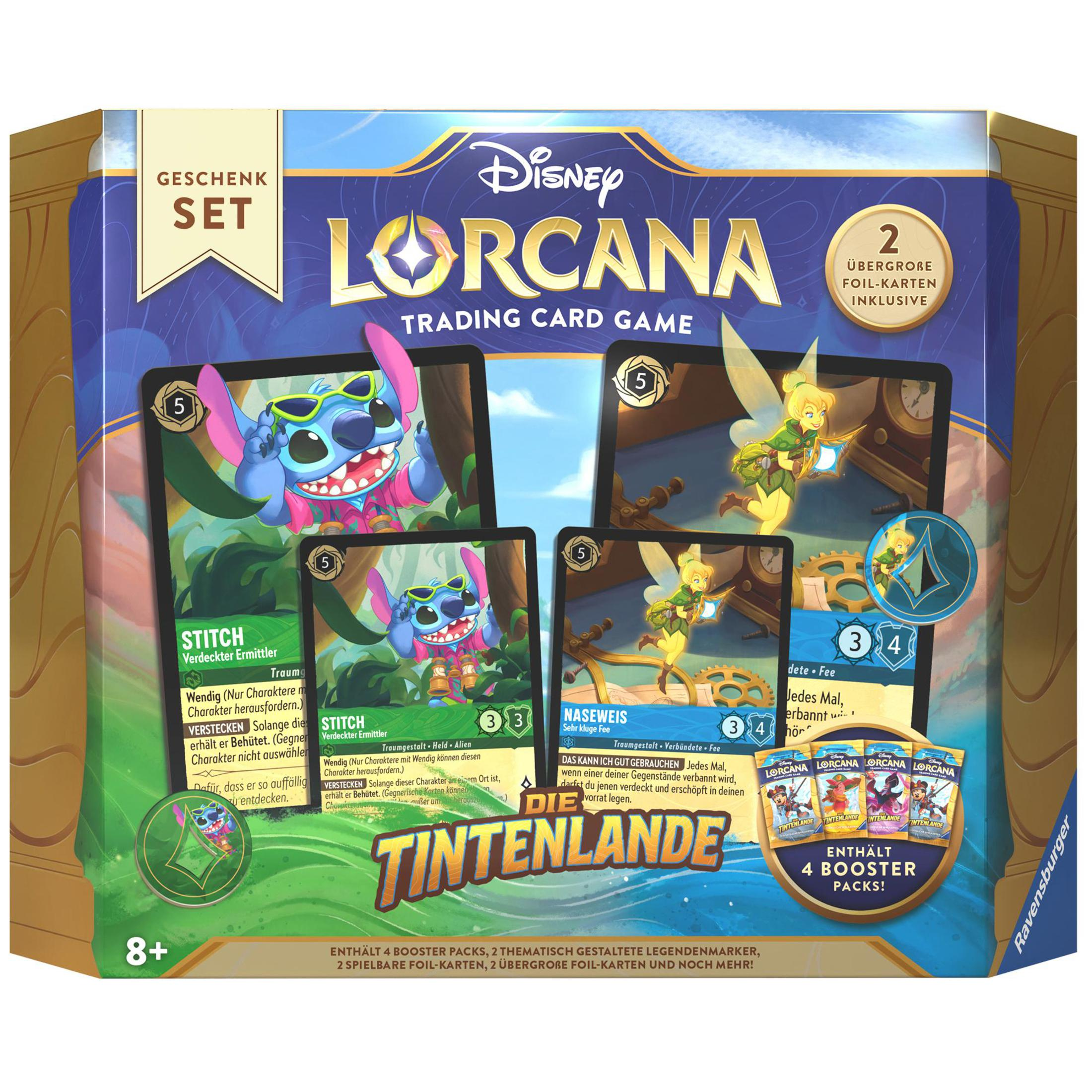 Disney Lorcana Trading Card Game Geschenkset mit Karten. Die Box zeigt Stitch und Tinkerbell.