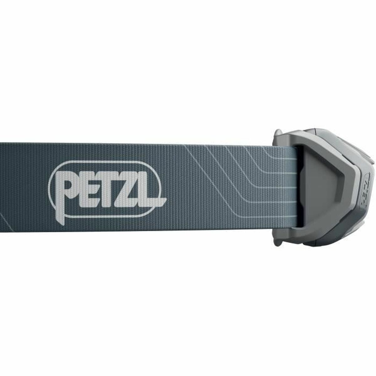 Opaska na głowę z logo PETZL po lewej stronie i szarym elementem świetlnym.