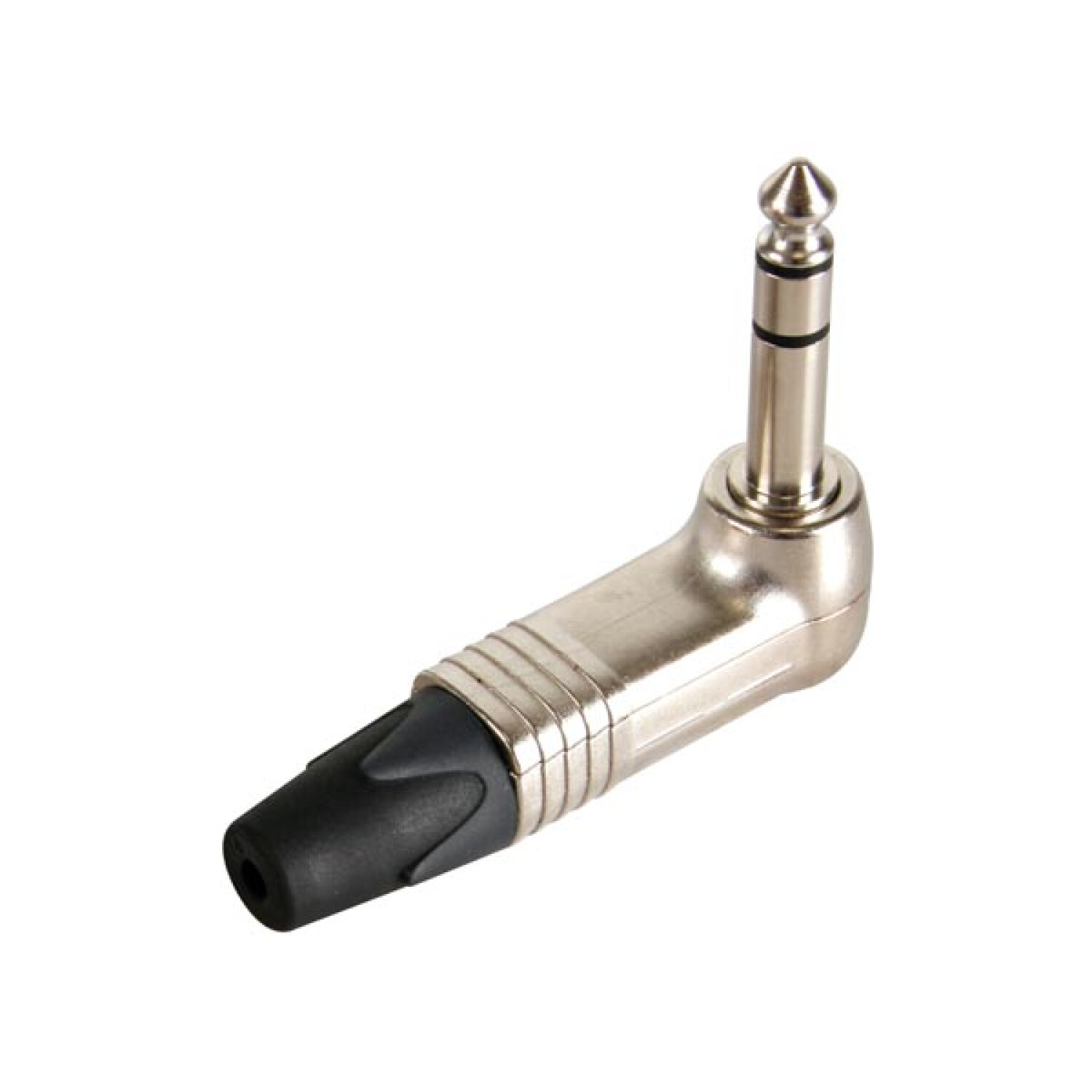 Conector jack de audio en ángulo con cuerpo plateado y punta negra.
