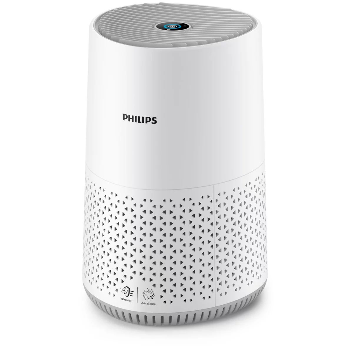 Ein weißer zylindrischer Luftreiniger mit schwarzen Lüftungsschlitzen. Das Philips-Logo ist sichtbar.