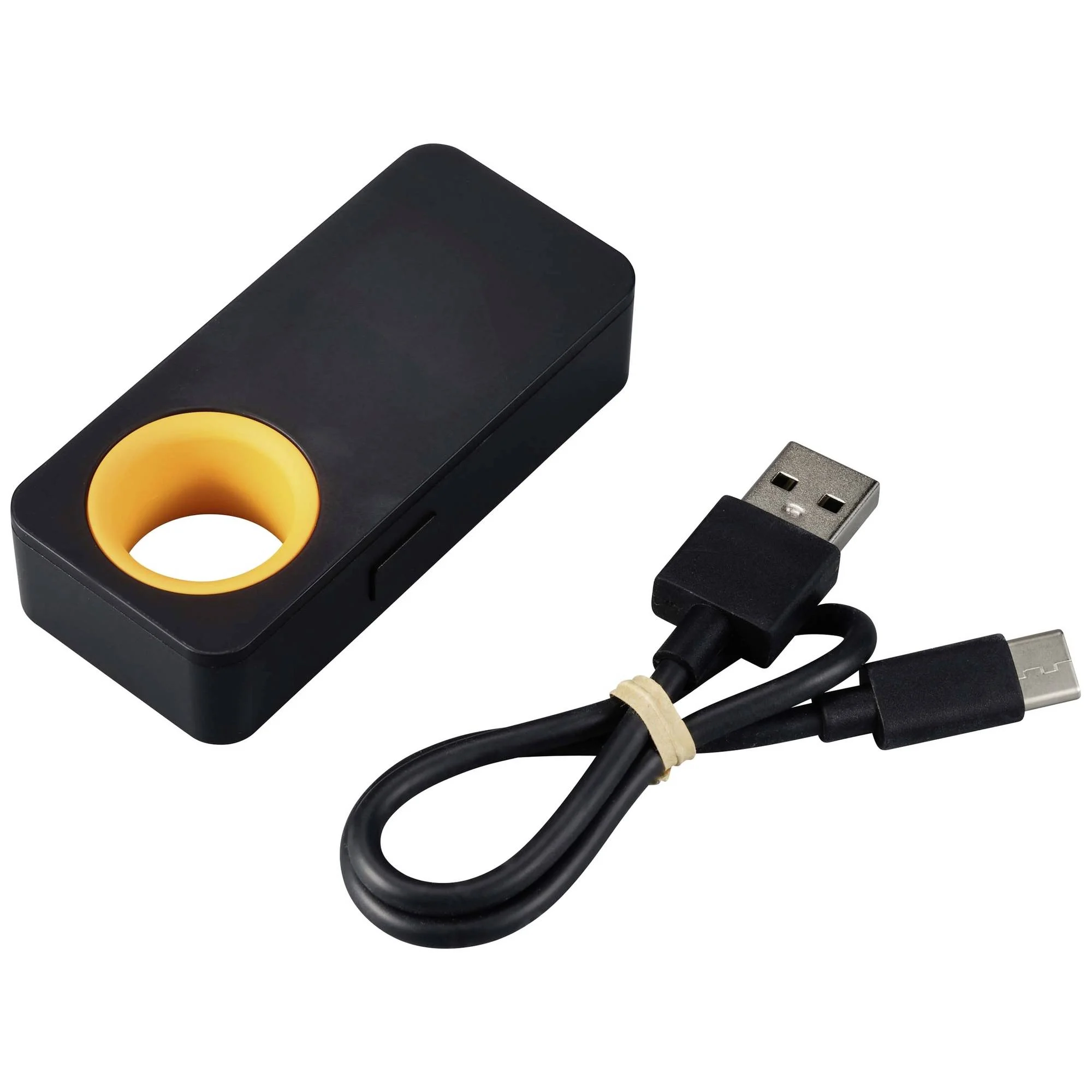 Schwarz-gelbes Tech-Gerät mit USB- und USB-C-Kabel. Ein Ende hat USB-A und USB-C.