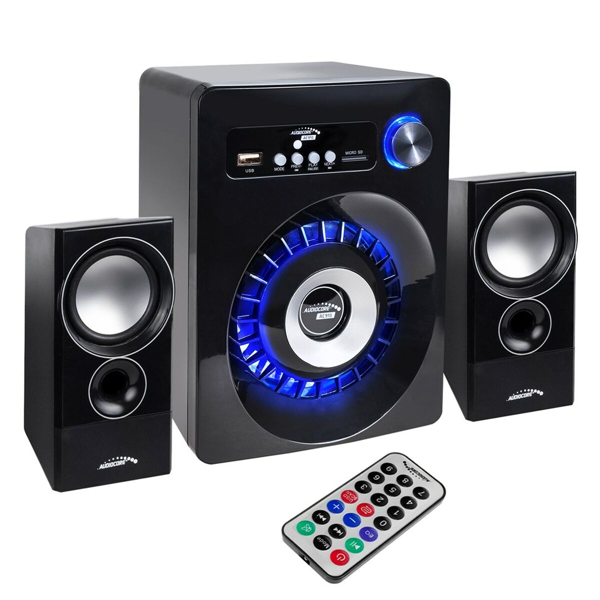 Un sistema di altoparlanti nero con due altoparlanti satellitari, un subwoofer e un telecomando.