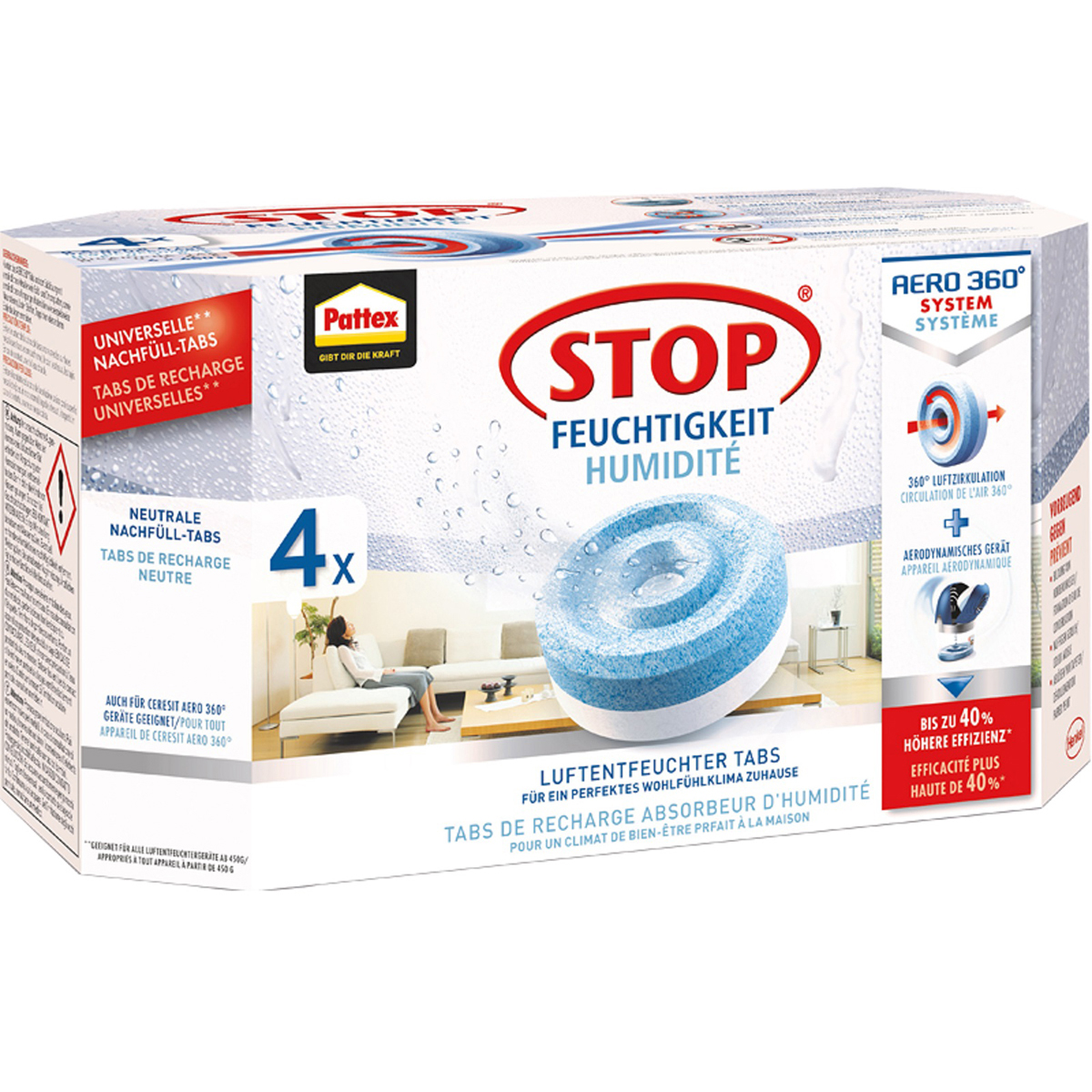 Scatola di essiccante con un nucleo blu e il testo Stop Feuchtigkeit.
