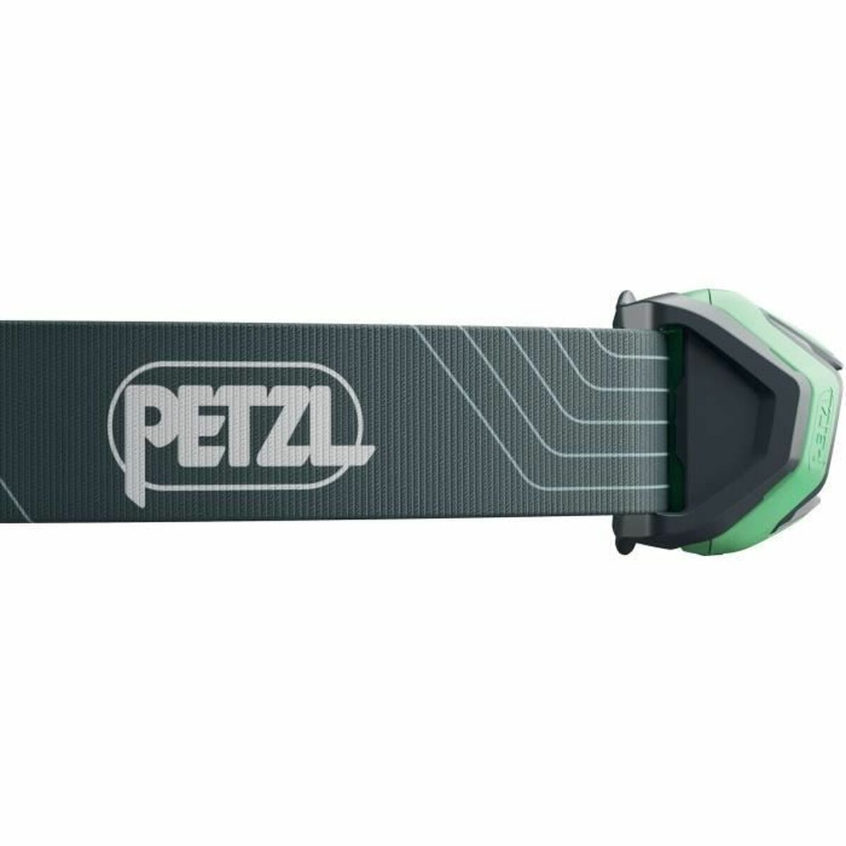 Zbliżenie paska czołówki z logo Petzl. Pasek jest szary, a czołówka zielona.