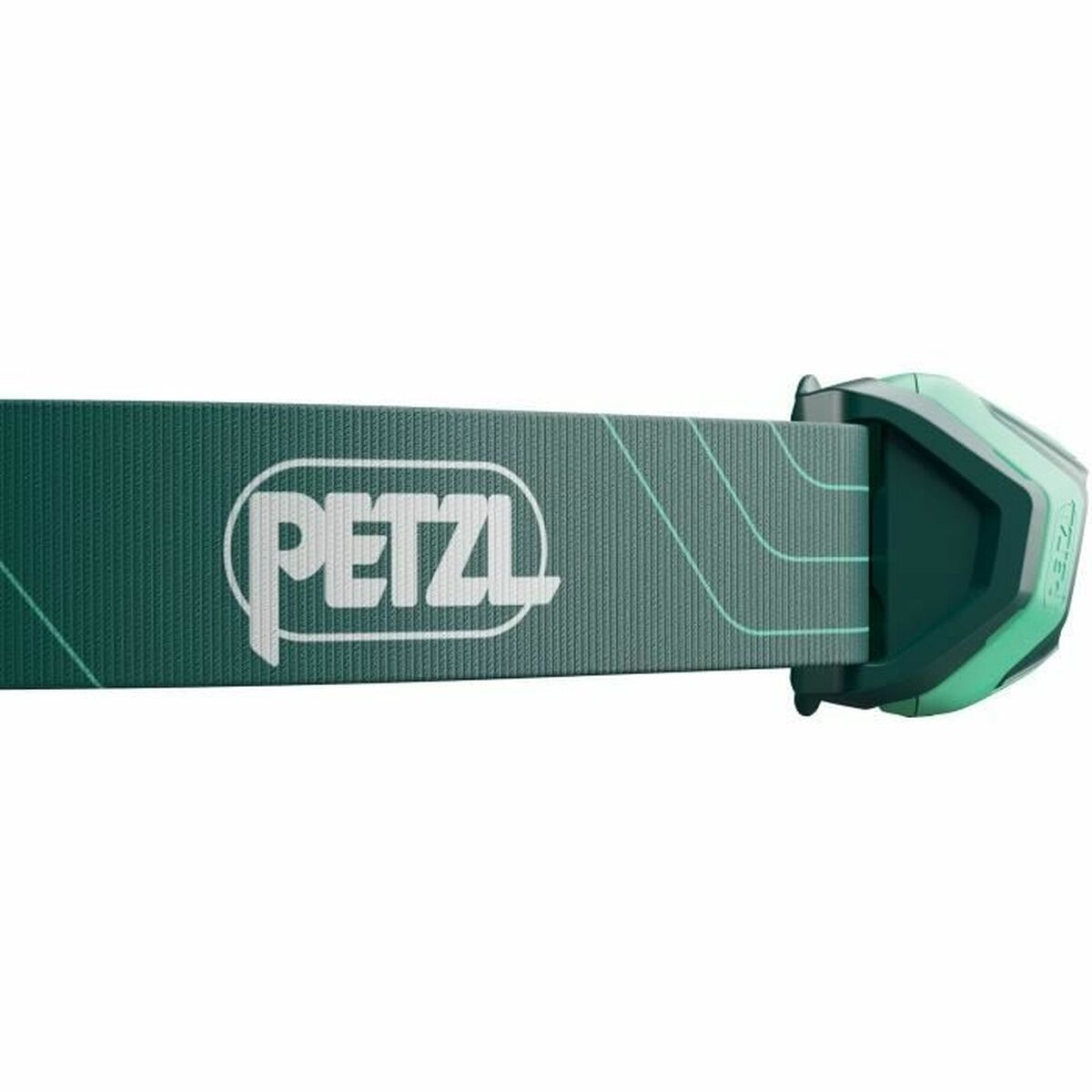 Opaska na głowę z logo PETZL po prawej stronie i ciemnoszarym elementem świetlnym.