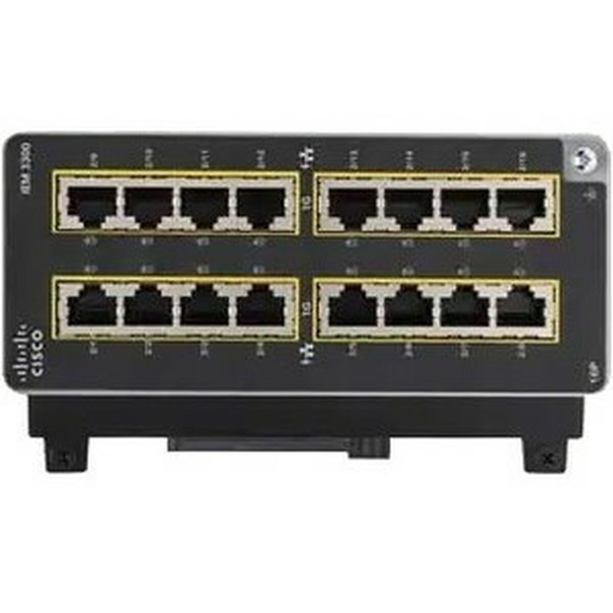 Uno switch di rete nero con otto porte e connettori gialli su sfondo bianco.