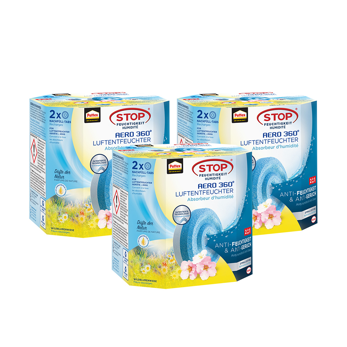 Tre scatole con assorbitori di umidità. Ogni scatola mostra un disco blu e fiori, testo tedesco.