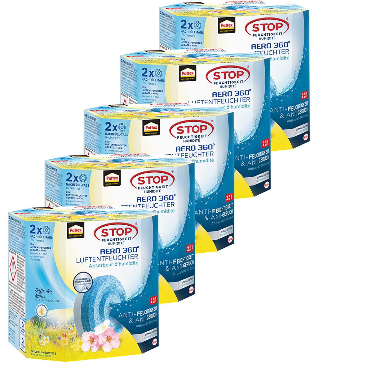 Un gruppo di cinque scatole di deumidificatore Stop Aero 360°, ciascuna con ricarica blu e design floreale.