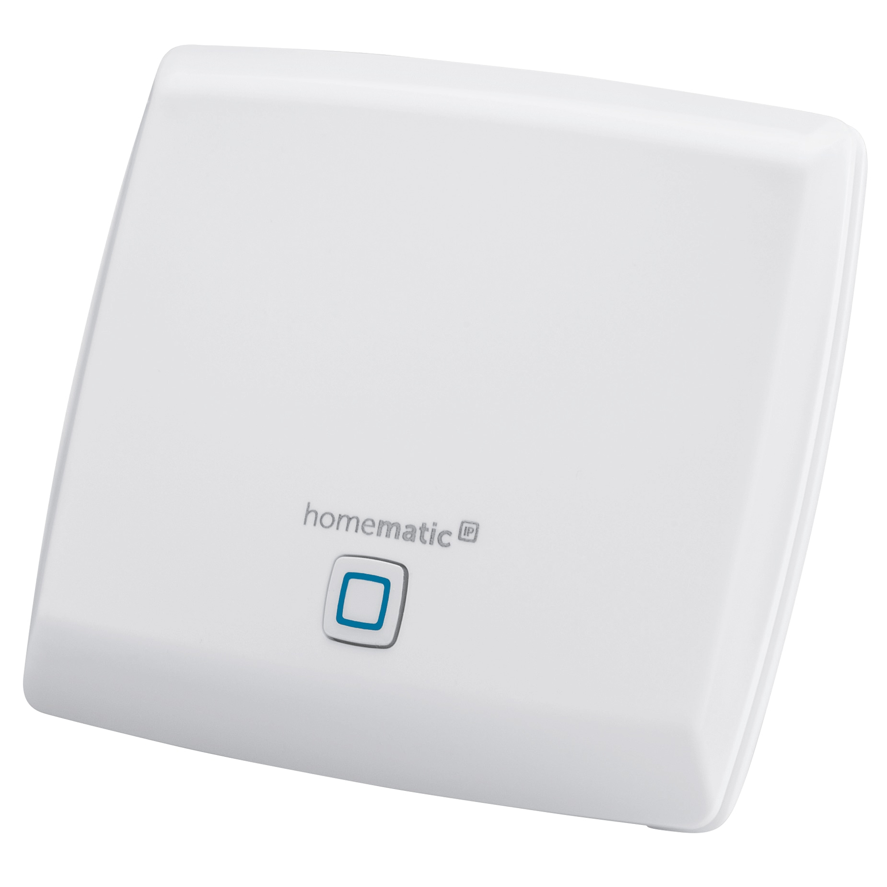 Ein weißes Homematic IP-Gerät mit quadratischem Design und blauem Knopf.
