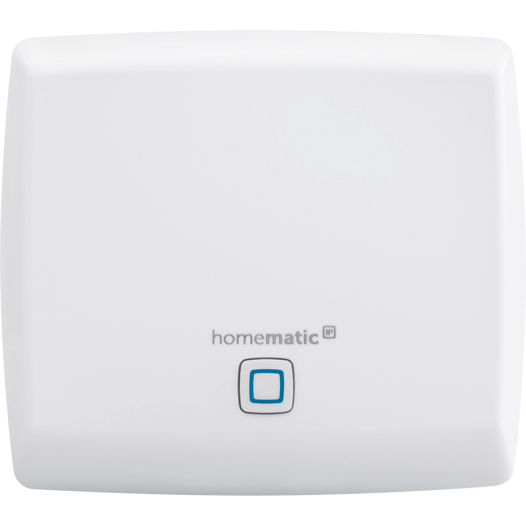 Ein weißes quadratisches Gerät mit einem blauen Quadrat in der Mitte. Das Logo 'homematic' steht darunter.