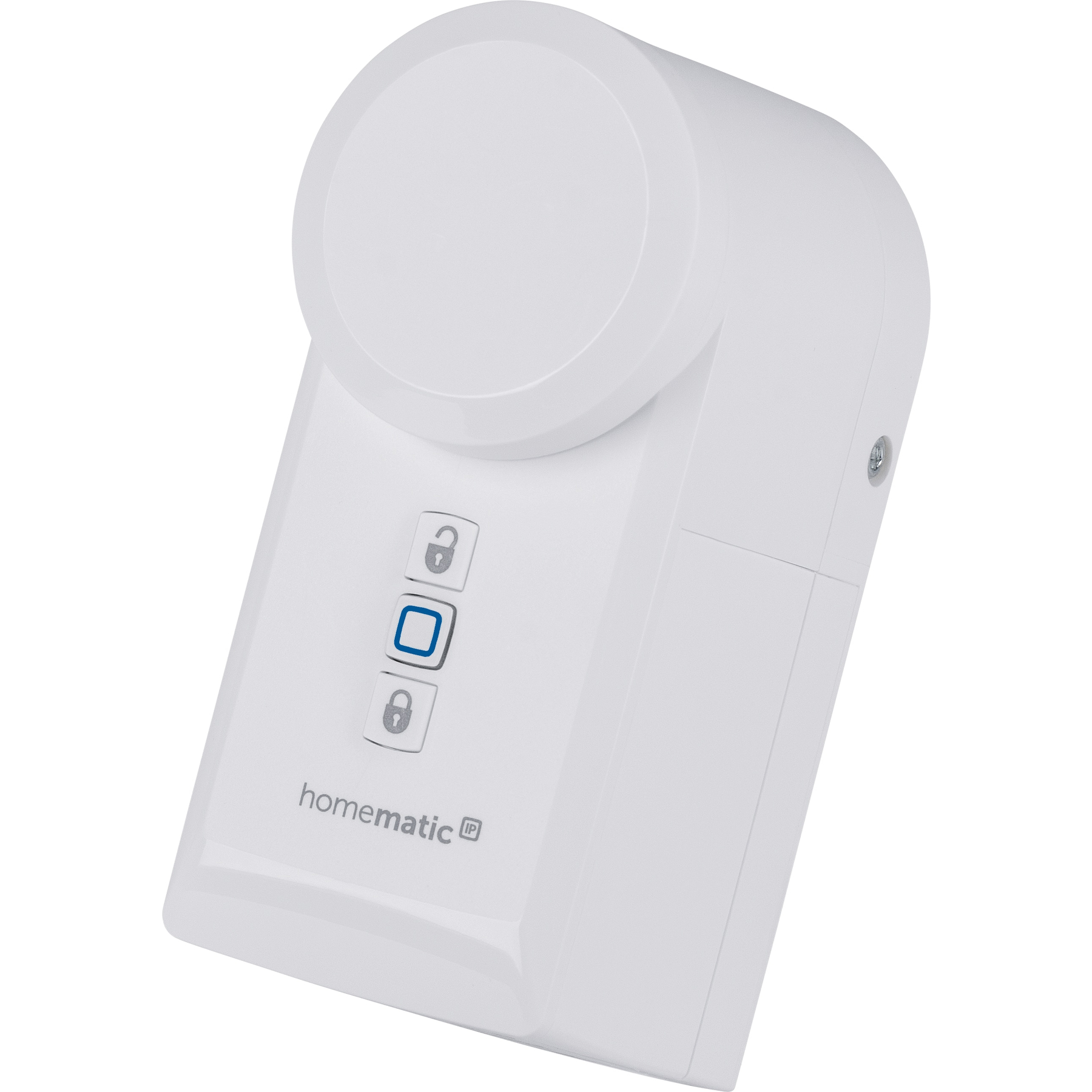 Ein weißes Homematic IP-Sicherheitsgerät mit Tasten und einem Schloss-Symbol.