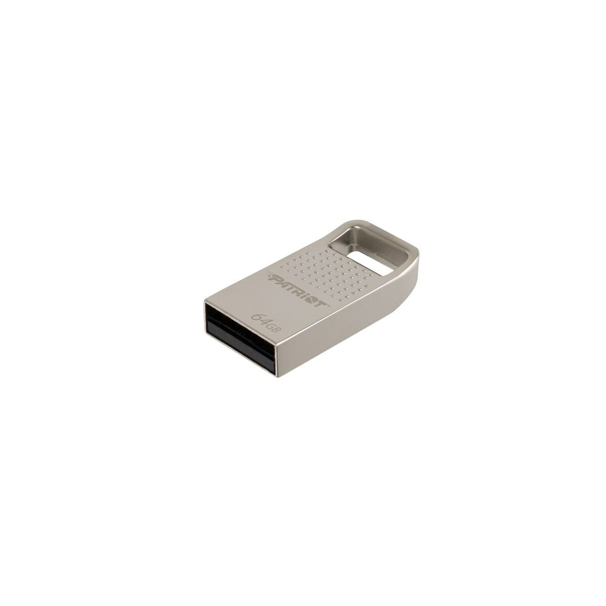 Srebrny pendrive na białym tle, z napisem '64GB'.