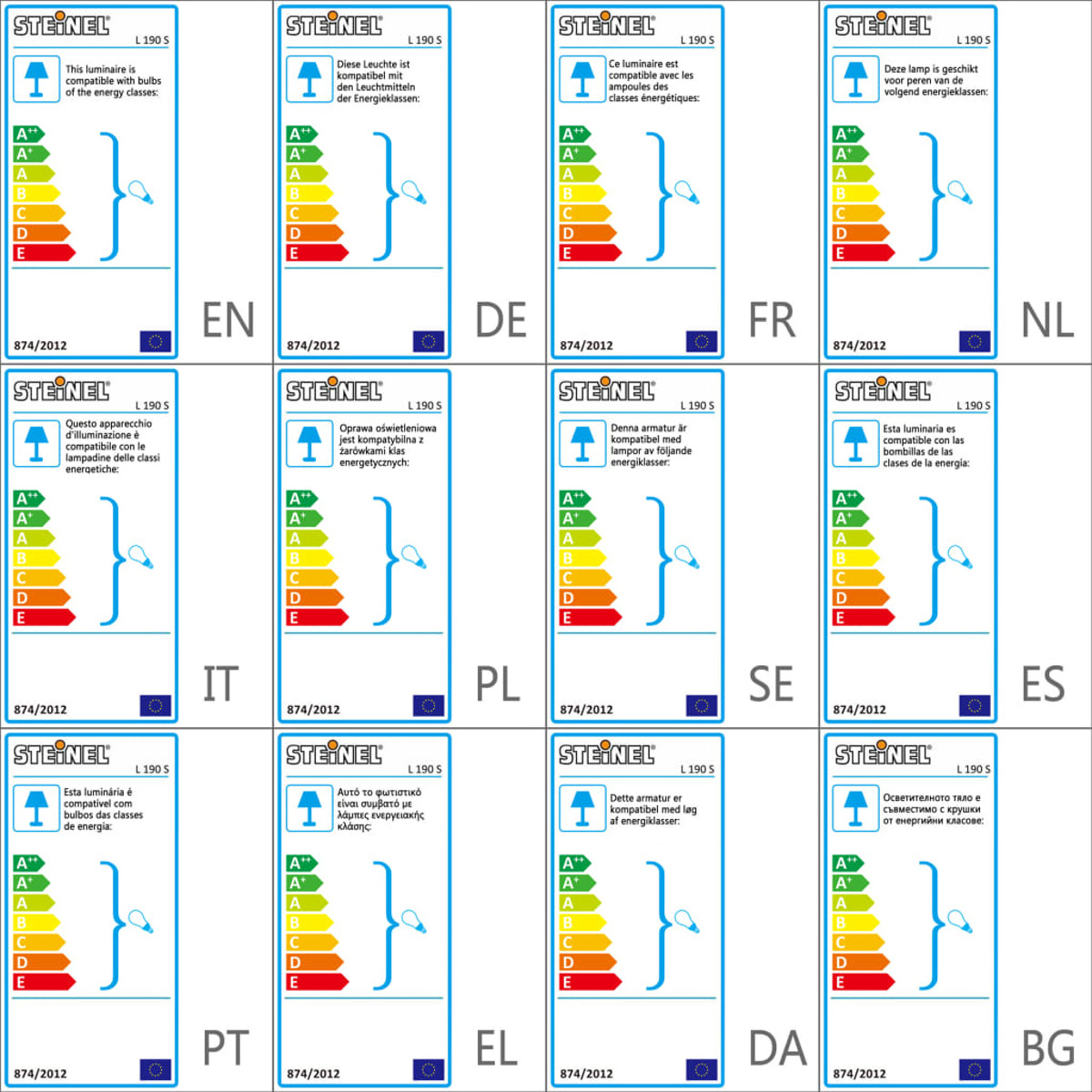 Energieeffizienzlabels in mehreren Sprachen, mit Bewertungen für eine Leuchte.