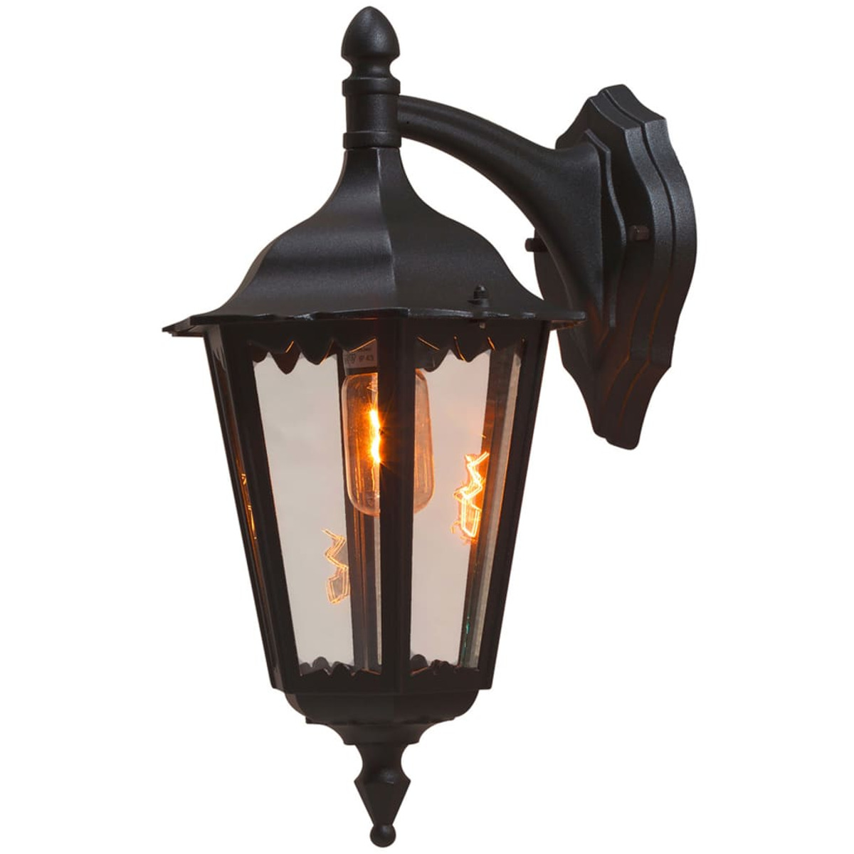 Schwarze Außenlampe mit Glasgehäuse und Glühbirne, an einer Wand montiert.