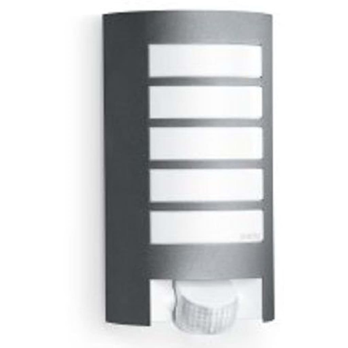 Graue Wandleuchte mit 5 weißen Lichtpaneelen und einem Bewegungssensor am Boden.