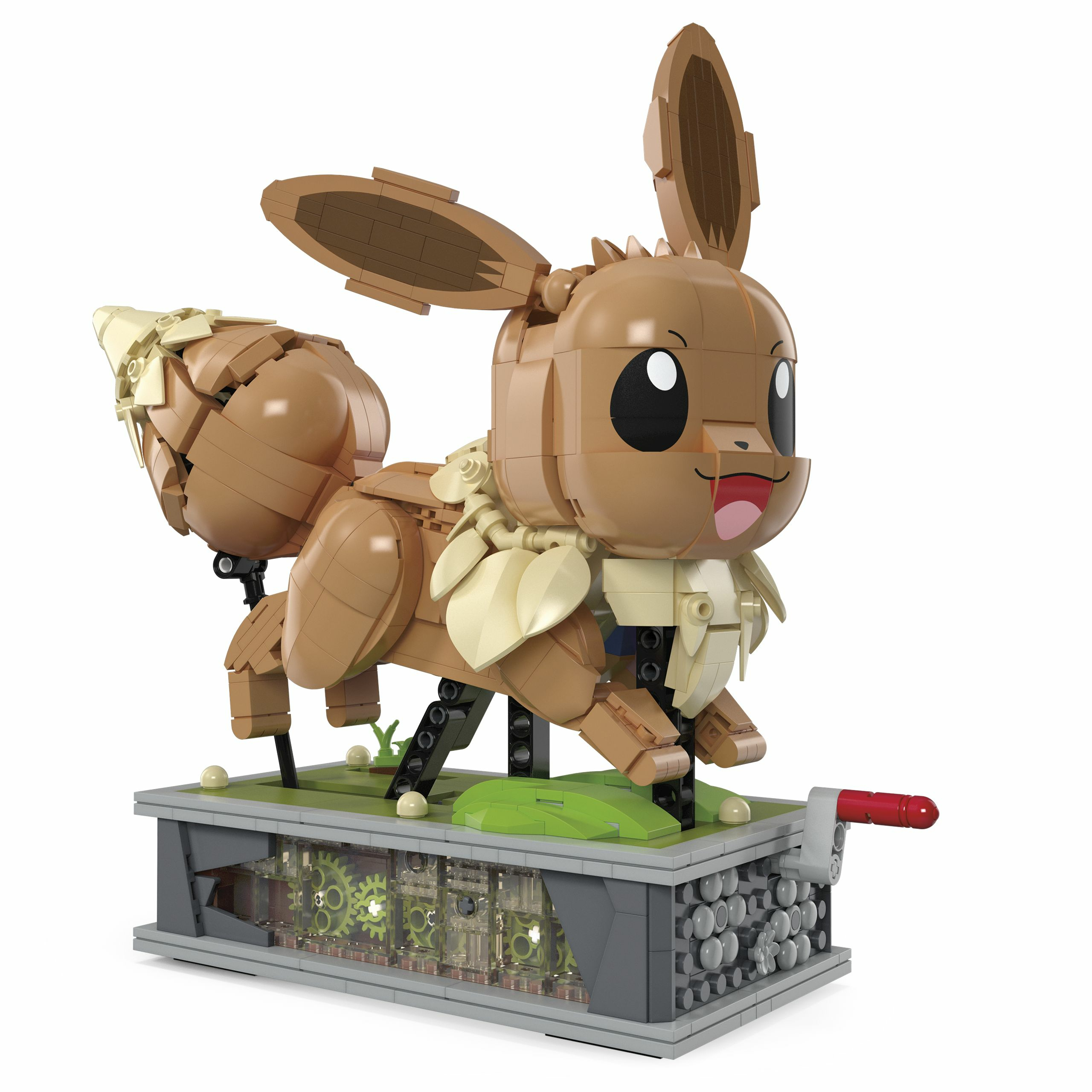 Un modello Lego Eevee su una base con un meccanismo a manovella e luci verdi.