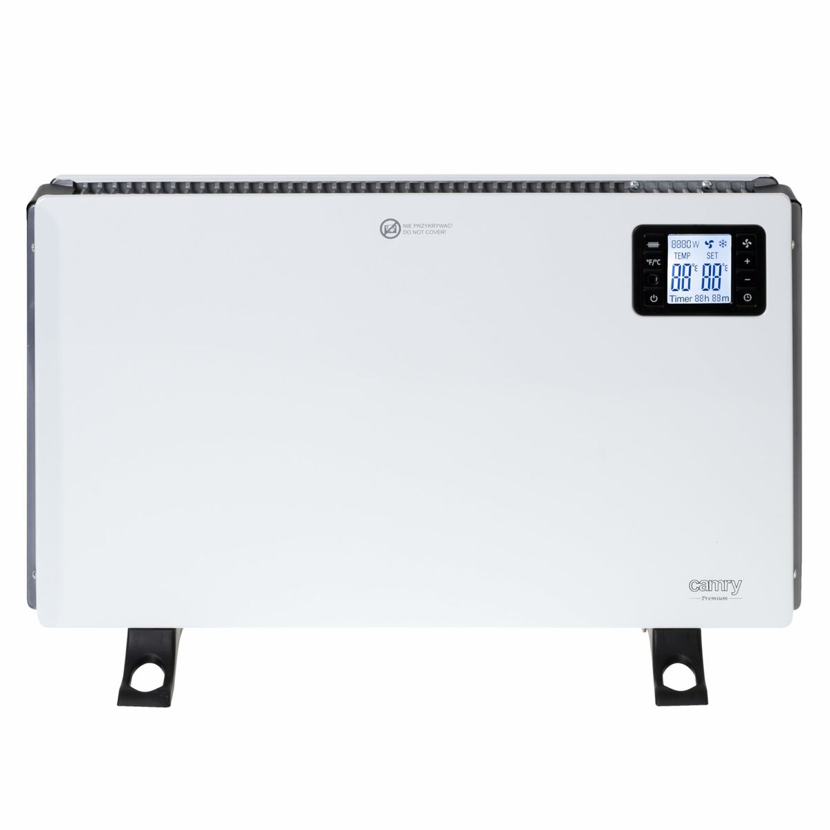 Un riscaldatore elettrico bianco con display digitale, piedini neri e comandi.