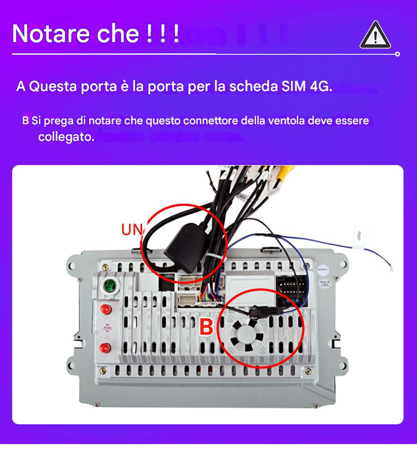 Pannello autoradio con testo e aree cerchiate che puntano a connettori e slot SIM.