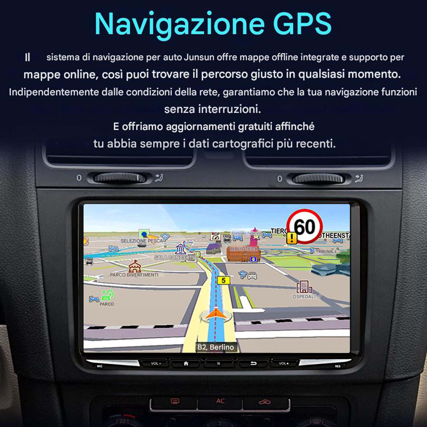 Uno schermo di navigazione per auto che mostra una mappa con guida stradale e varie icone.